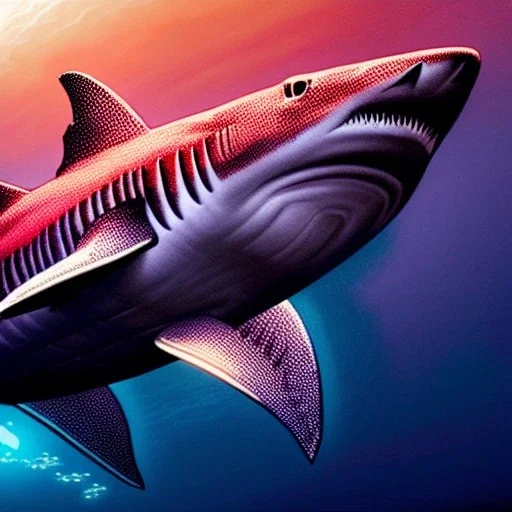 fullbody Drawing of 'sketch of Megalodòn Shark',intricate detail,andrea bonelli,Kilian Eng,Ohrai,evan lee,Aleksandr Sidelnikov,KyuYong Eom,three quarters frontal aerial view,toned colors,16k