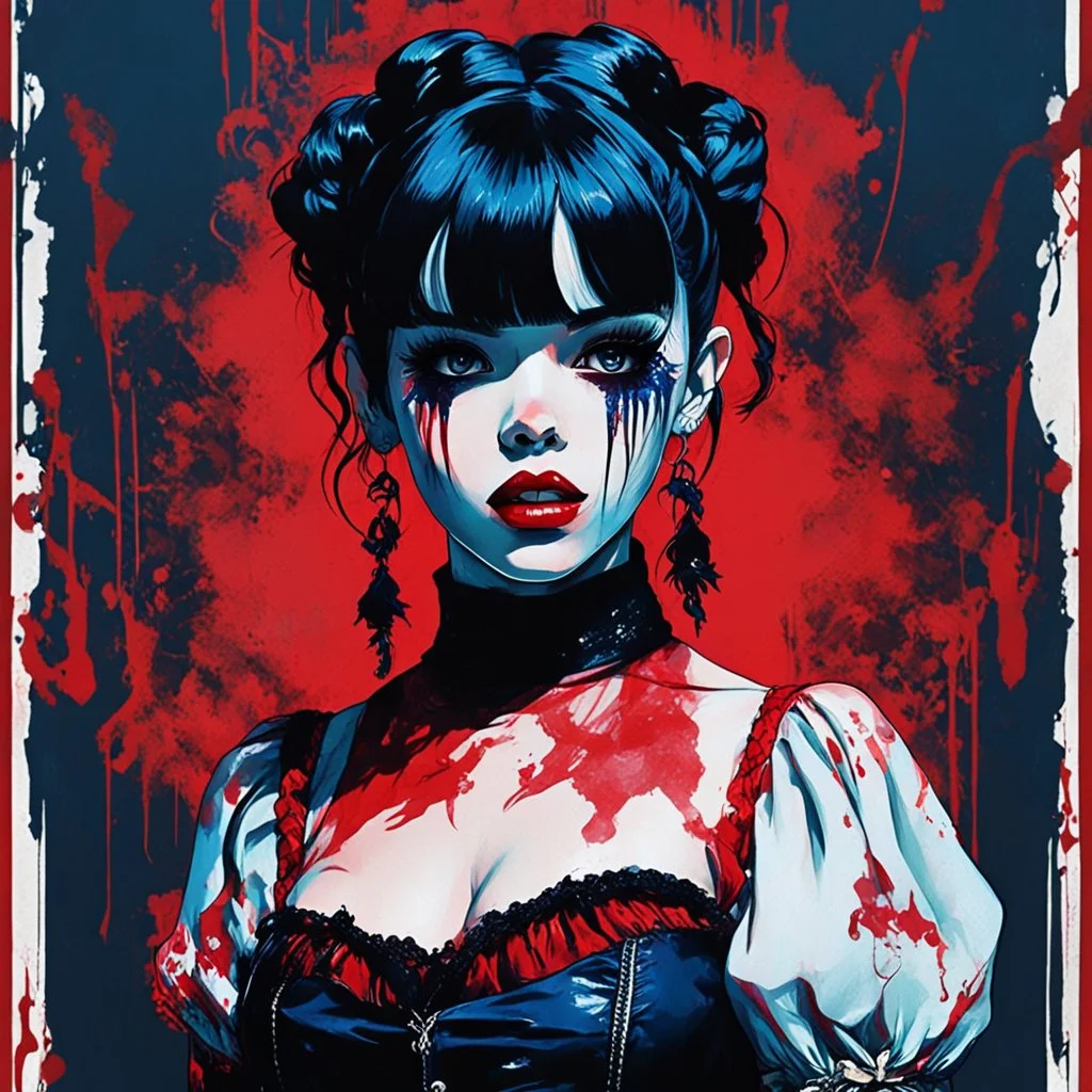 Poster in two gradually, a one side malevolent goth vampire girl face and other side the Singer Melanie Martinez face, full body, painting by Yoji Shinkawa, darkblue and red tones,