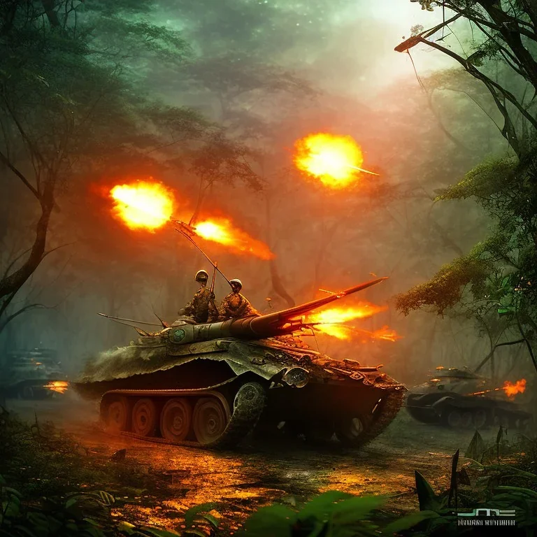 vietnam war. jungle. cd cover. bokeh. lens flare. warm lights. high detailed