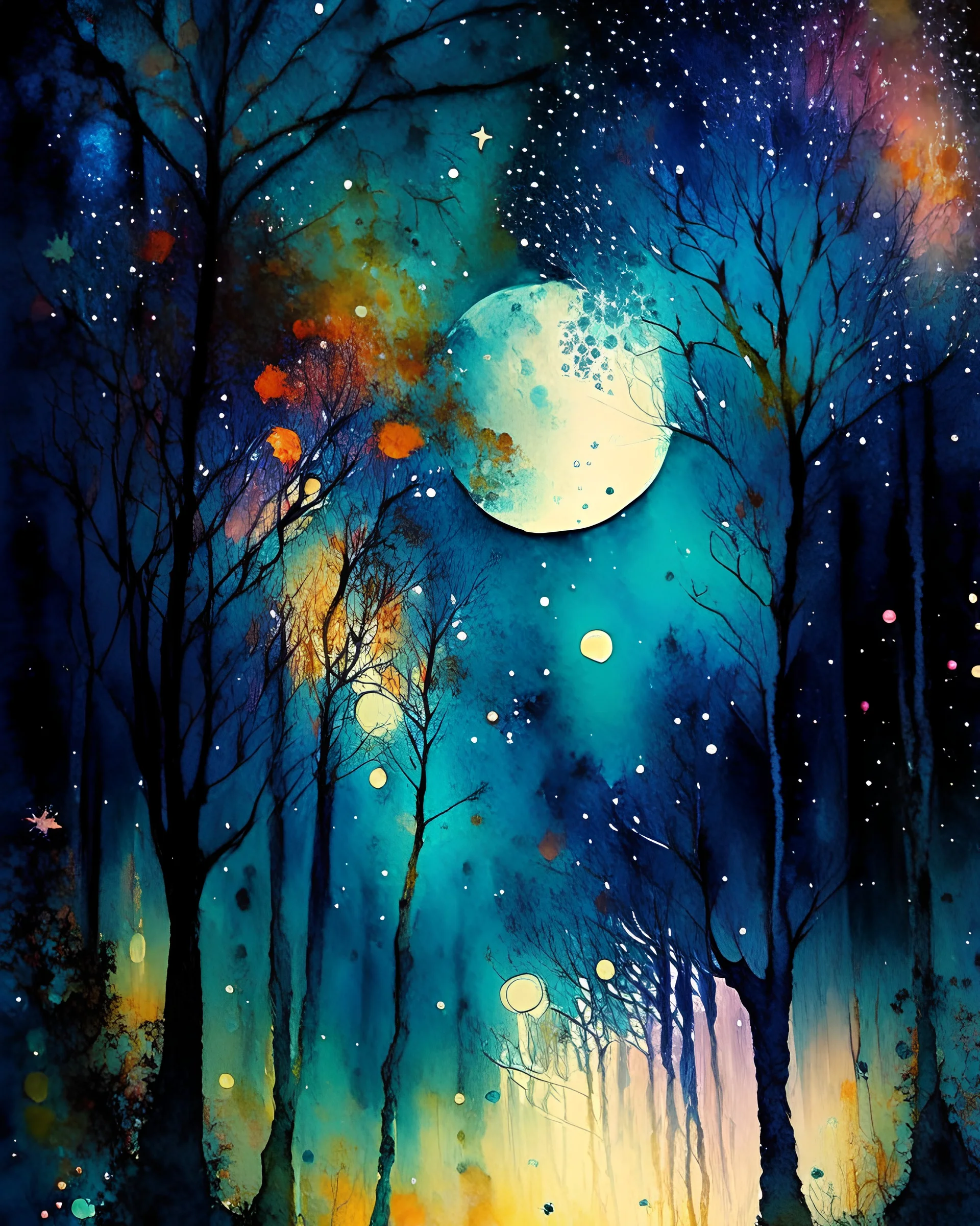 Enchanted,evening,starry night, moon,forest , Art work design,watercolor painting, splash colors,artwork kuniko y.craft,janek sedlar, Peter holme