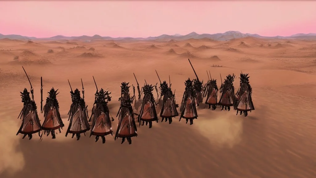 desert, comic style warriors from behind