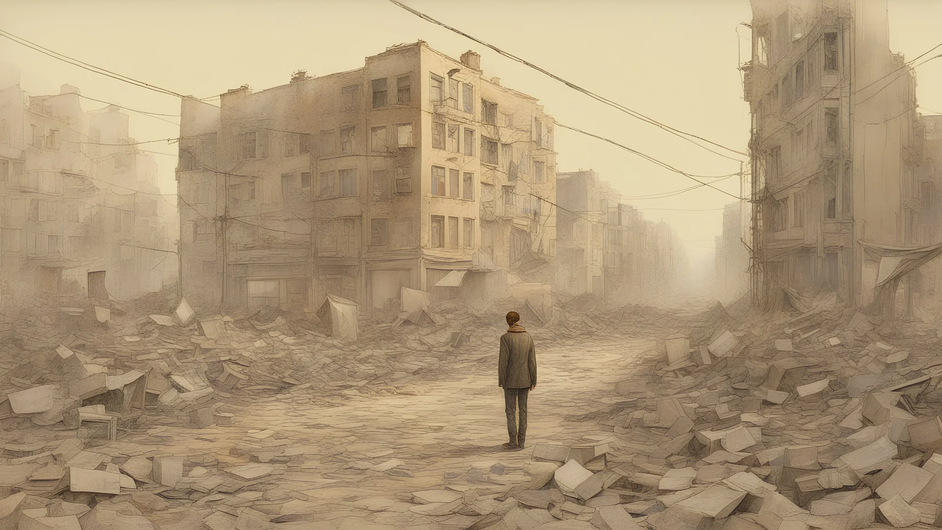 In a war-torn cityscape, The scene, rendered in high-definition photography colored with hyperrealistic pencil drawings, evoke a sense of nostalgia with the use of Kodak Gold 200 film. Amidst the chaos, a lone figure stands as a symbol of resilience, portrayed in a retro vintage style reminiscent of artists Egon Schiele, Gustave Doré, and David Mann. The depth of field narrows, drawing our focus to the figure,