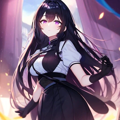 Clear focus,High resolution, Black long hair, Purple eyes, Wearing a black skirt, Wearing long black gloves