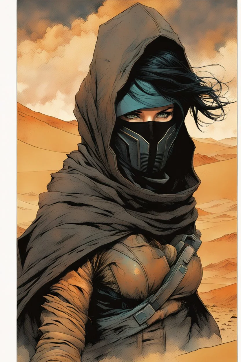 create a fine art print full body illustration of a rugged gritty, roughly textured, hooded, black clad and dusty Fremen female mercenary with highly detailed feminine facial features, amidst the billowing desert storms of Arrakis, in the comic book art style of Bill Sienkiewicz, and Jean Giraud Moebius, finely textured, drawn, colored, and inked,