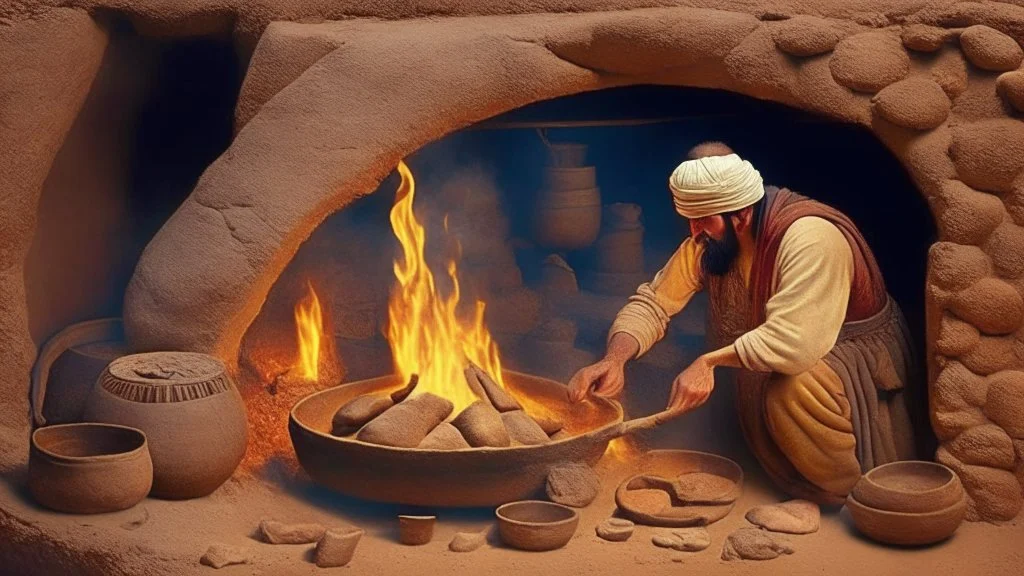 Mesopotamia with man making ceramic in a oven with fire