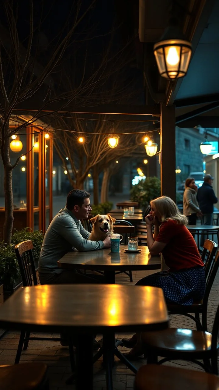 Cafe table outside with at night with dim lights on the tables in the style of vincent van Gogh, without people and animals only a couple lovers with a dog