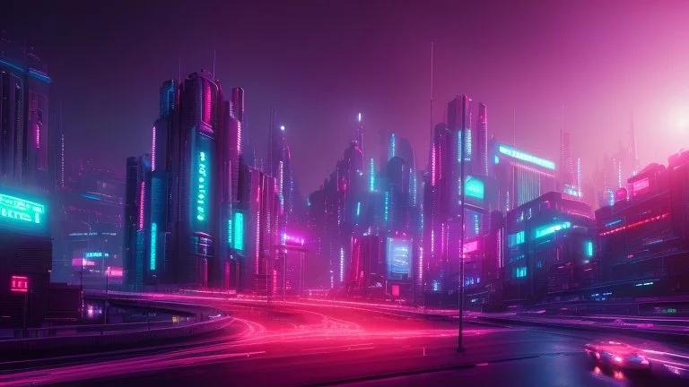 A futuristic cityscape at night with neon lights and flying cars.