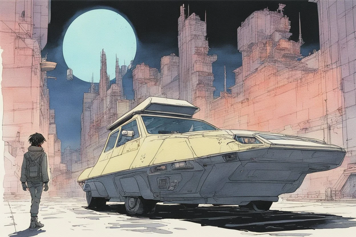retro anime style, full color, dark serious 1980s anime Lunar Punk city, moebius artist, magic, watercolor,
