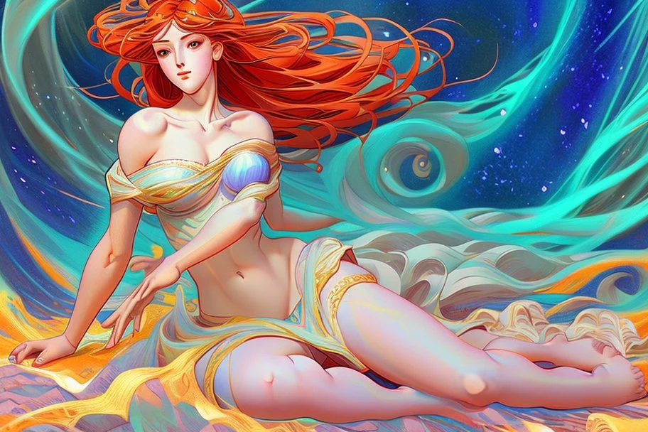 colourful digital painting of beautiful aphrodite full body, in the style of hokusai and van gogh