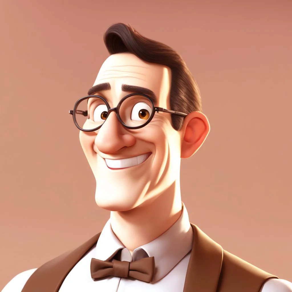 a portrait of smiling a mature man. carricature. dark black hair. short hair. light brown skin. dark brown eye pupils. wearing small rectangle, thin frame glasses. square face shape. formal dress. pixar style. 3D. 4k. portrait. highly detailed. sharp focus. high resolution. full color. cinema lighting