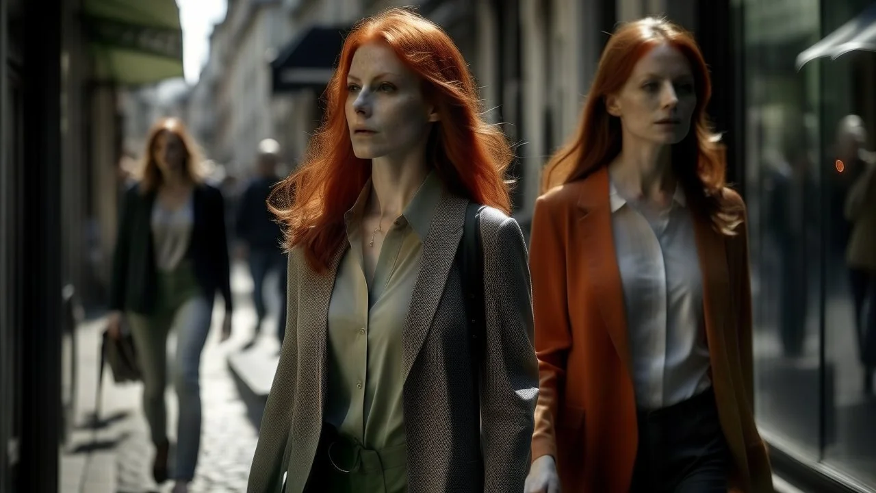 shoulder-length red-haired woman walking along a street full of shops, with a translucent woman following her