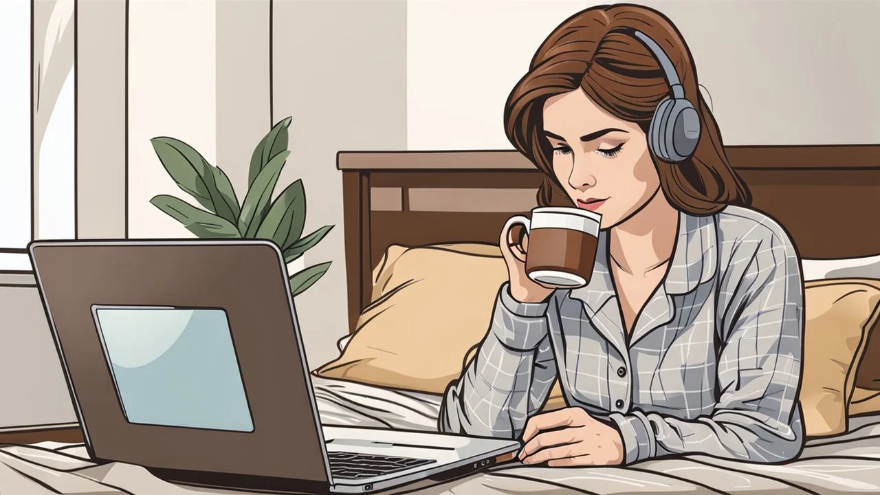 a woman lying under a bed and working on a laptop, she has half-length brown hair and wearing pajamas , pale light, half socks and a mug of coffee next to her, high detalied, sharp focus, perfect shot