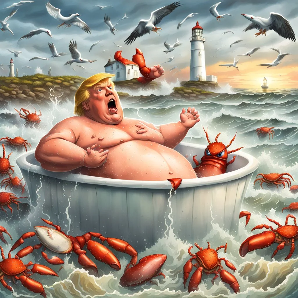 Donald Trump as a Fat man in a claw foot bathtub sinking in the ocean. Water lapping at the top of the tub. Panic on his face. Scared, screaming for help. Surrounded by seagulls, lobsters and crabs. there is a colorful light house with stormy skies in the background. Lightening and wind blows. He's in trouble.