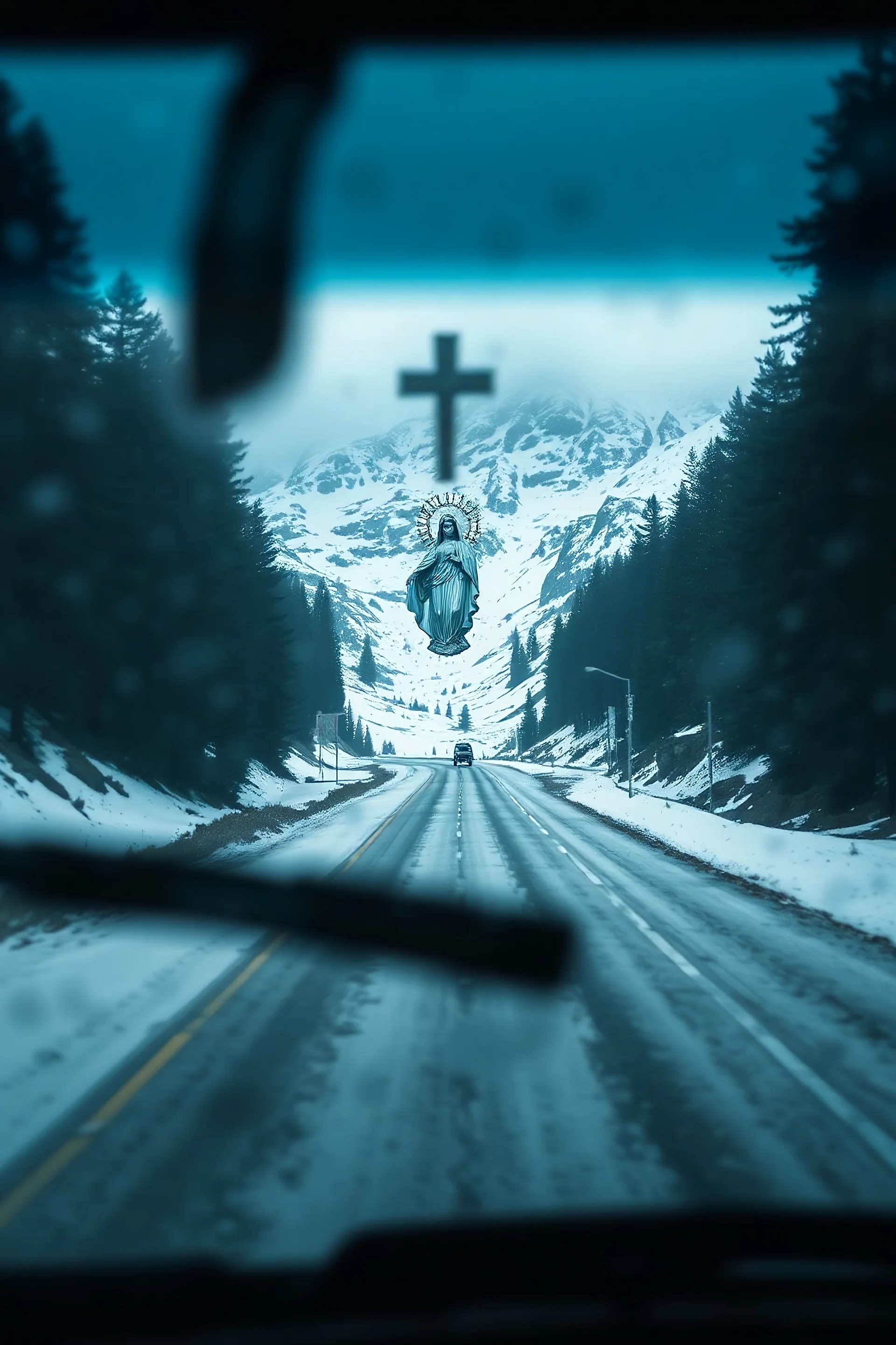 surreal mountain road seen through a dirty truck front window, dirty blue snow and wind, virgin mary hanging