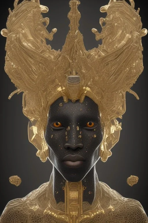 black male African Egyptian alien, cracks in the voodoo head, wicked, diamond eyes, crown, blood, 8k, finely detailed, photo realistic, tiger robe turquoise skull head gold dragon space alien rain skeleton gold teeth silver crown silver space suit spaceships