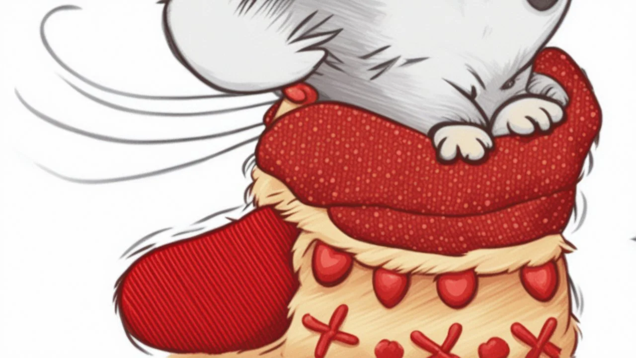 fantasy cartoon style illustration: red mitten with a little cute mouse peeking out