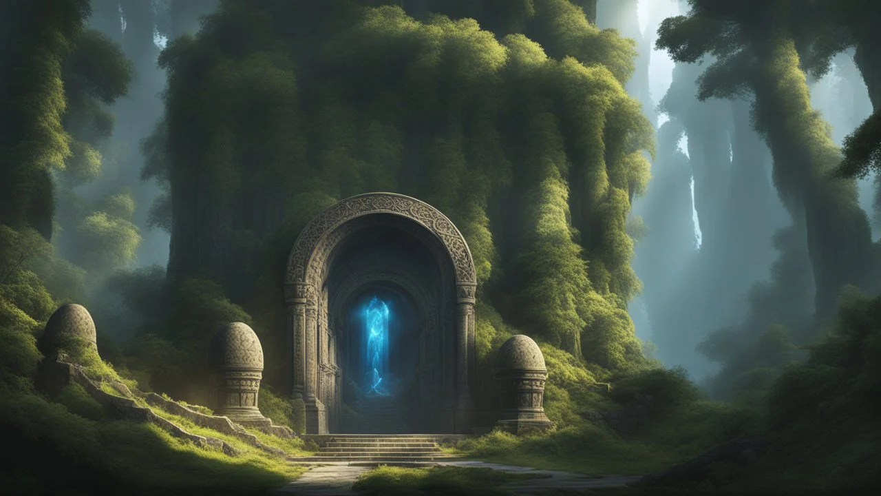 an infinite portal to another world. magic light. stone golems. dense forrest.