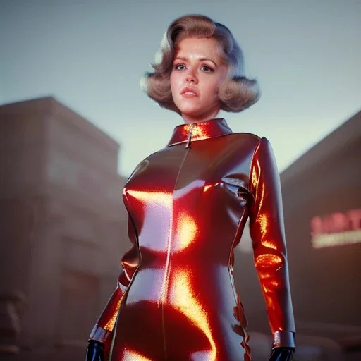 Ultra Realistic retro sci-fi portrait supermarket image from 1960, many explosions, sweet young Jane Fonda, tight latex suit, weapon, fighting stance, soft color, highly detailed, unreal engine 5, ray tracing, RTX, lumen lighting, ultra detail, volumetric lighting, 3d, finely drawn, high definition, high resolution.