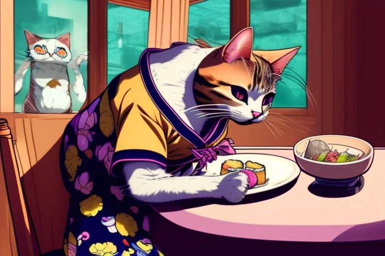 A cat wearing clothes is sitting at a table eating sushi. Manga style. Perfect iris. Paws