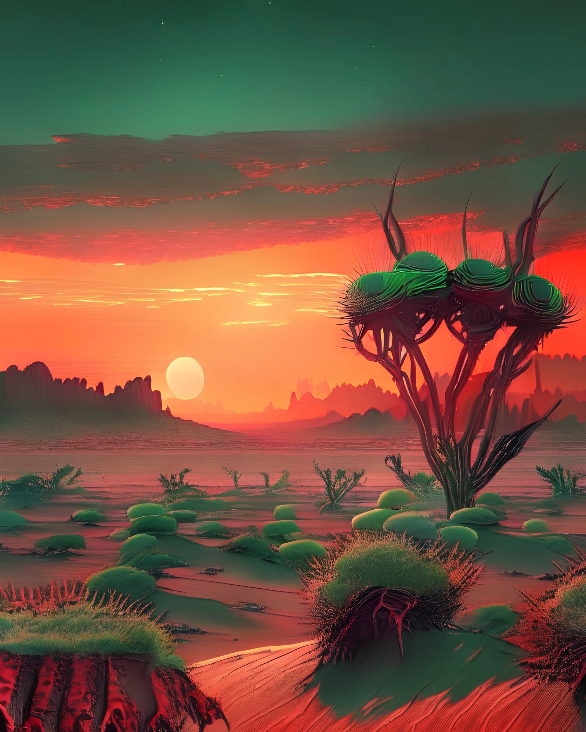 an alien landscape, highly-realistic, inspired by the movie Dune, thick dark green vegetation, ancient extinct plants blood-red sunset over the sky, cinematic, 35mm, long-distance shot