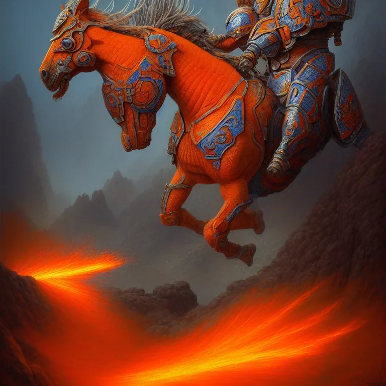 angry horse in orange and blue battle armor, a highly detailed illustration, background of Inka jungle, realistic render, 8 k, micro detail, intricate, elegant, centered, digital painting, Artstation, smooth, sharp focus, illustration, artgerm, tomasz alen kopera, peter mohrbacher, donato giancola, joseph christian leyendecker, wlop, boris vallejo