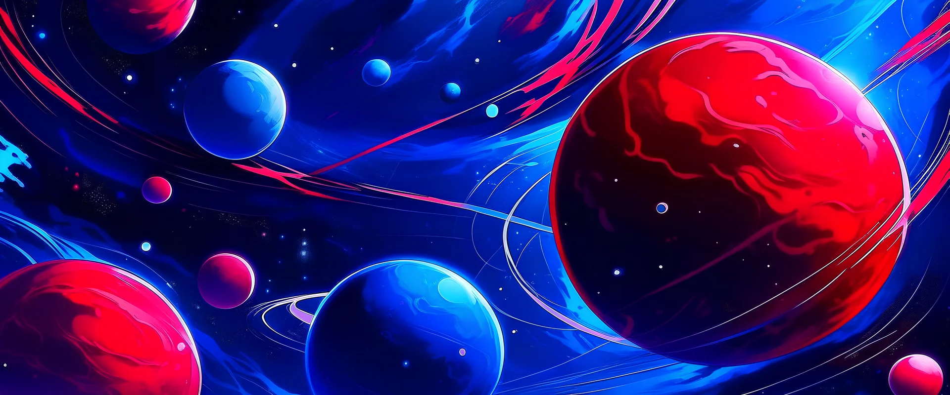 anime galactic space with planets in red, blue colours