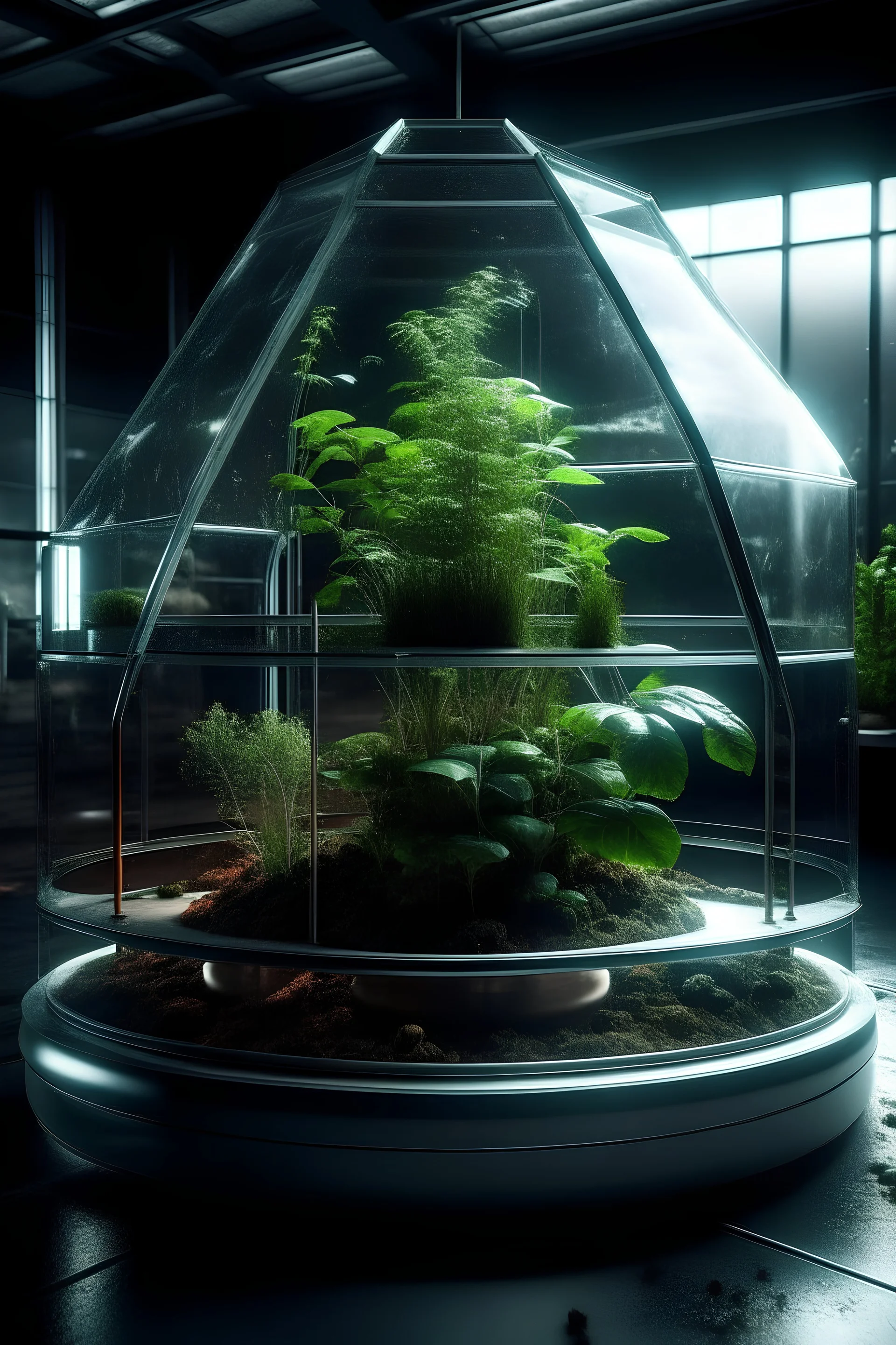 an indoor greenhouse levitating in space