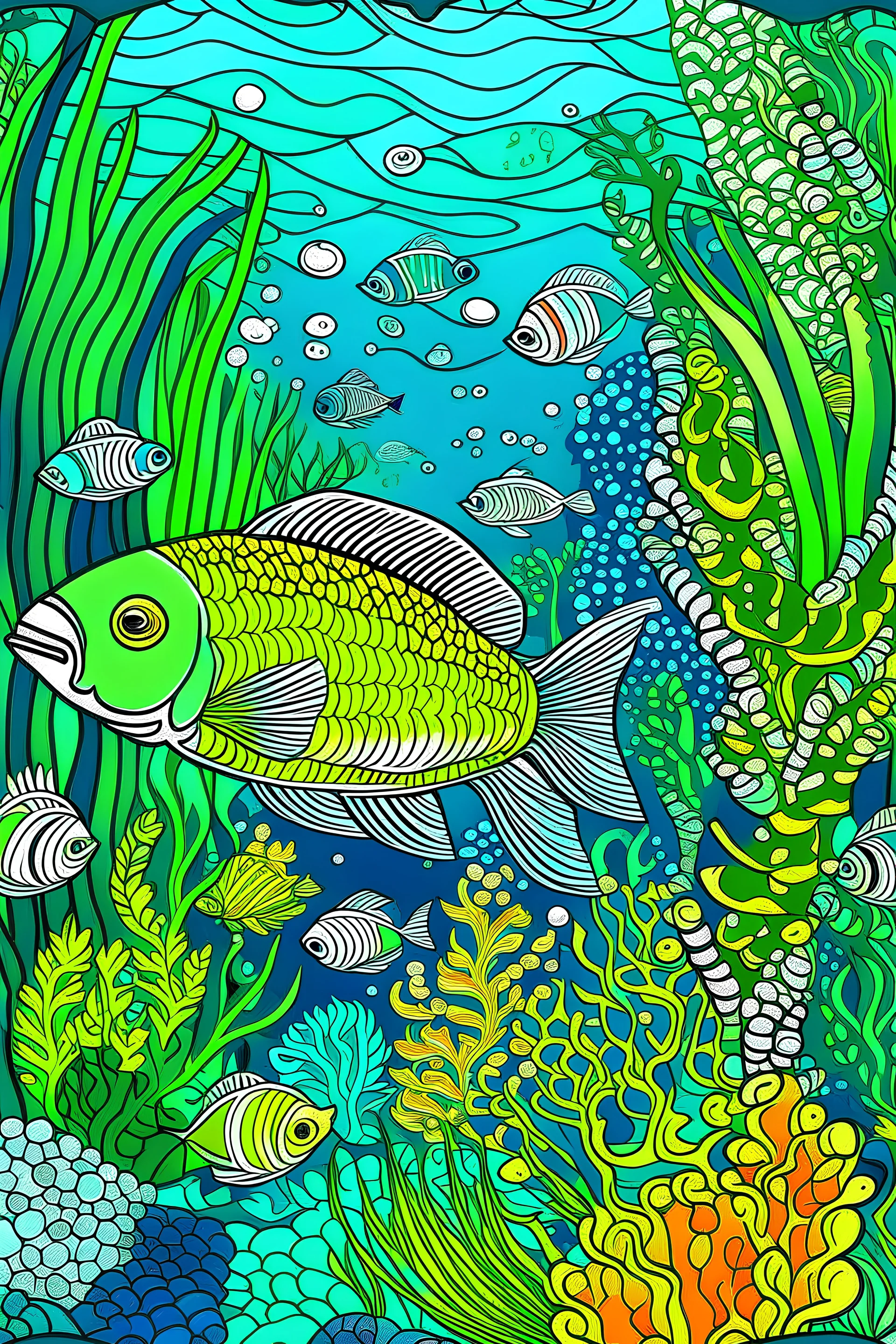 Design a vibrant underwater scene featuring a friendly fish surrounded by coral reefs and seaweed. Make the fish the focal point with intricate patterns and details on its scales. Add a variety of marine life, such as starfish and seashells, to create an engaging and colorful coloring page. Ensure that the background includes a mix of blues and greens to capture the essence of the ocean. Let your creativity flow in crafting a delightful and relaxing coloring experience for users.