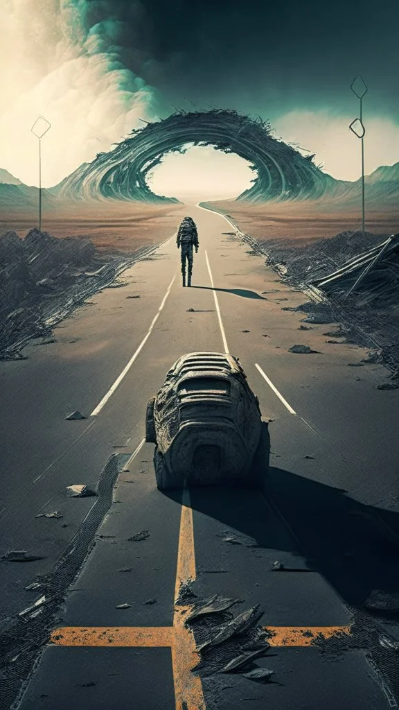 sci-fi ruined road with man