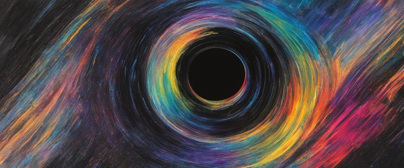 colorful, rainbow, A visually striking and abstract representation of the void and a black hole, utilizing dark hues and dynamic shapes to evoke the enigmatic and powerful aspects of cosmic emptiness, (visually striking abstract representation:1.4), (the void and black hole:1.5), (dark hues and dynamic shapes:1.3), (expressive and cosmic ambiance:1.2), drawing inspiration from abstract interpretations of the cosmic void and black hole phenomena