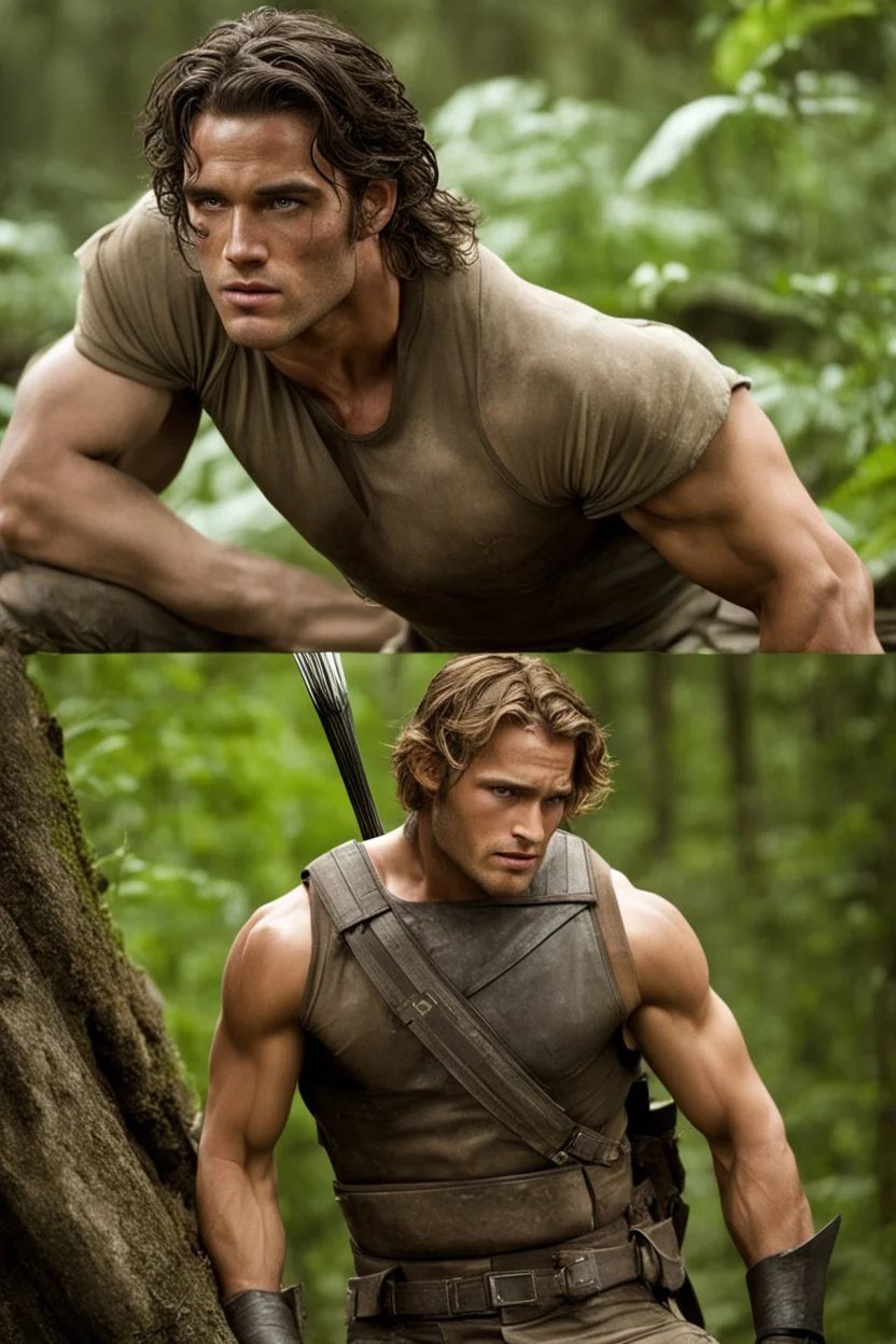 hot man fighting in the hunger games, saving the woman he loves