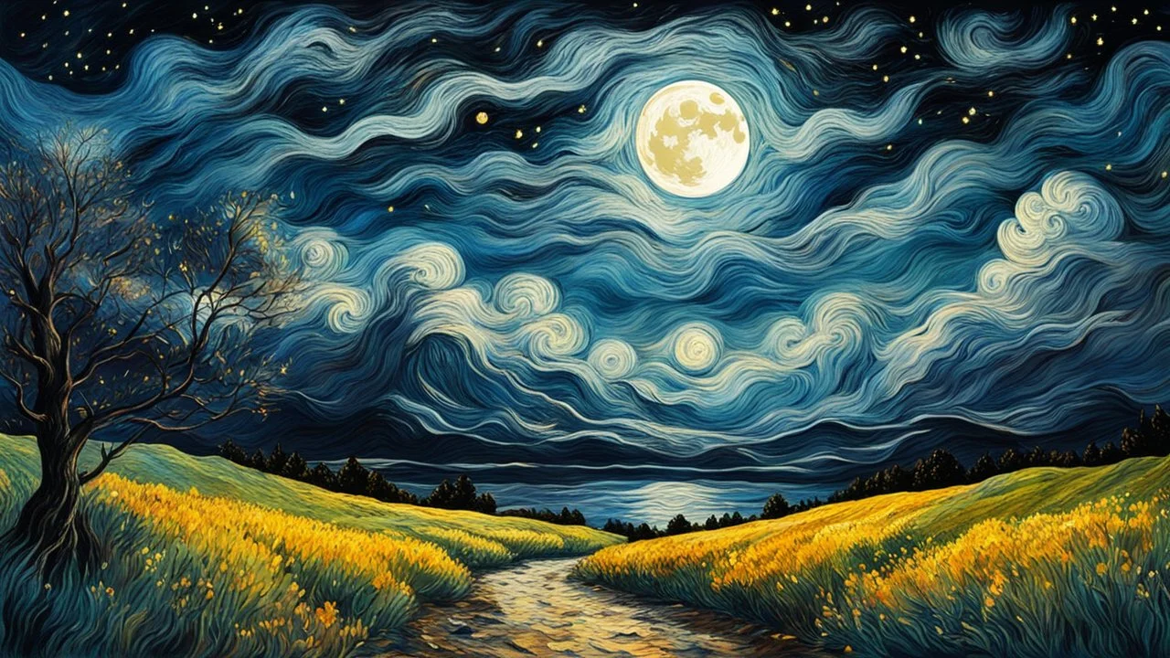 landscape, dark night, fullmoon and stars, over many clouds, clouds, no fields, no grasss beautiful artwork, vibrant colors, 4k, high quality, high detailed, whiteness background. van gogh influence