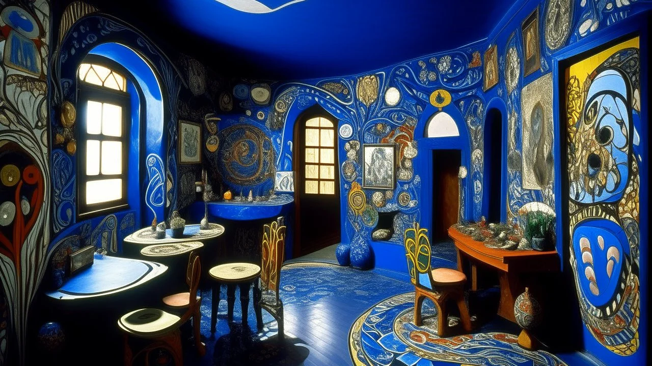 A dark blue chaotic realm with pixies designed in Mexican folk art painted by Antoni Gaudi