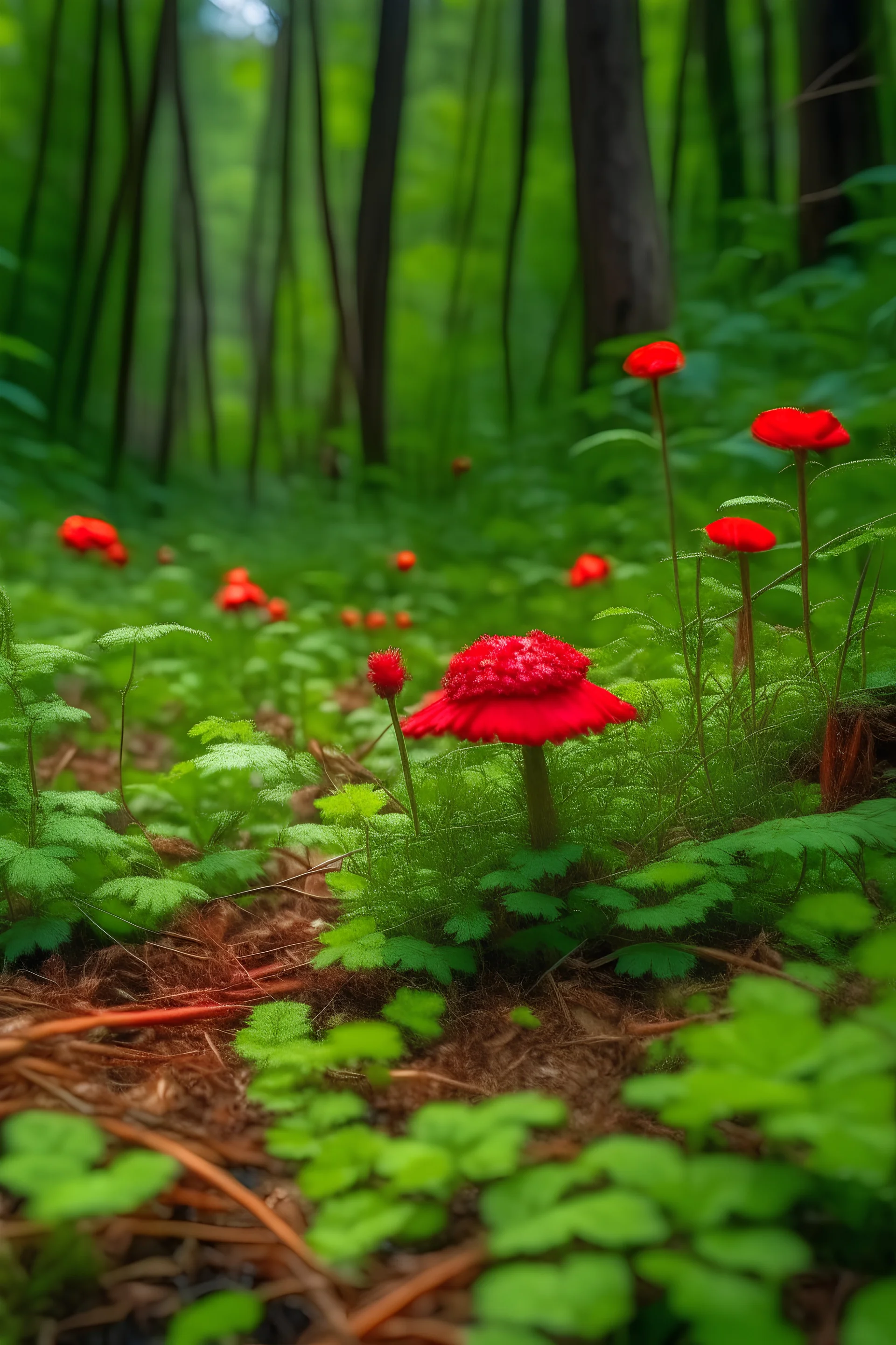 Caperucita roja en el bosque de 30 años de edad llena de flores