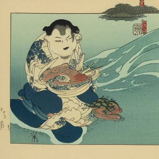 frog in water smoking by Hokusai