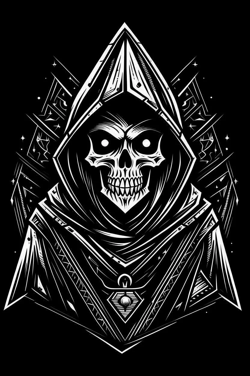 skeletor, skeleton in a black hooded cloak drawn in a retro mascot style, inside a diamond shape on a black background, monochromatic