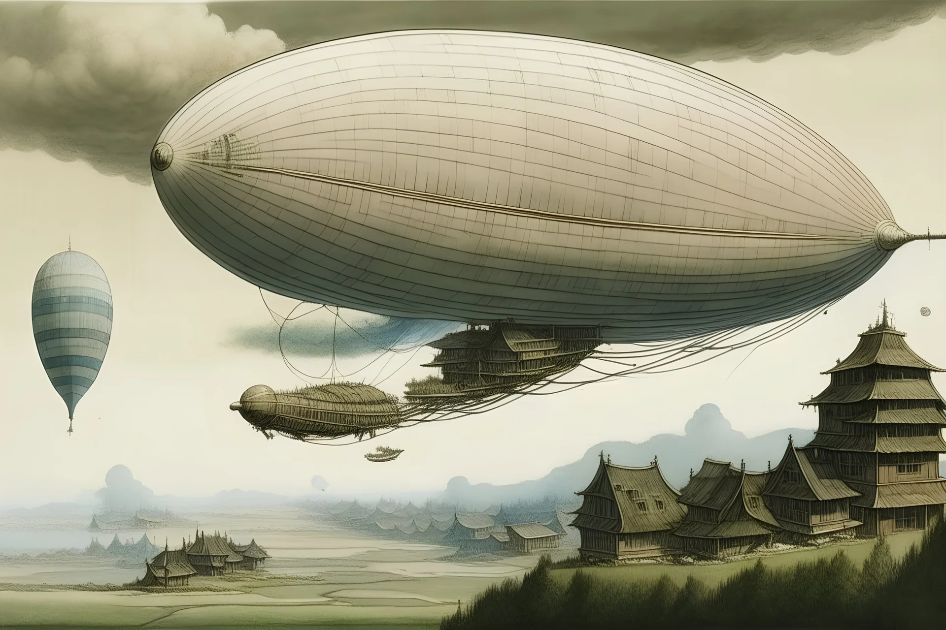 An airship in a windstorm above a village by Katsushika Hokusai