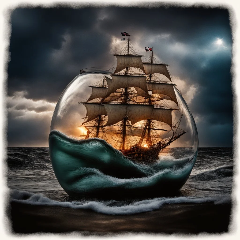 view of turbulent swells of a violent ocean storm, inside a glass bottle on the beach ม dramatic thunderous sky at dusk at center a closeup of large tall pirate ship with sails, breaking light