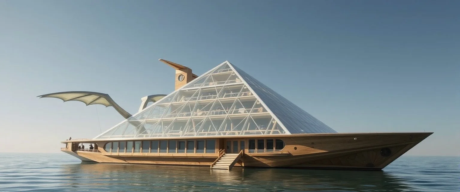 benign transparent superwood alien mega scifi pyramid katamaran ark boat with superwood draw bridge and wing doors