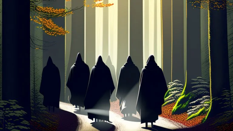 black robe hooded monks on the forest path