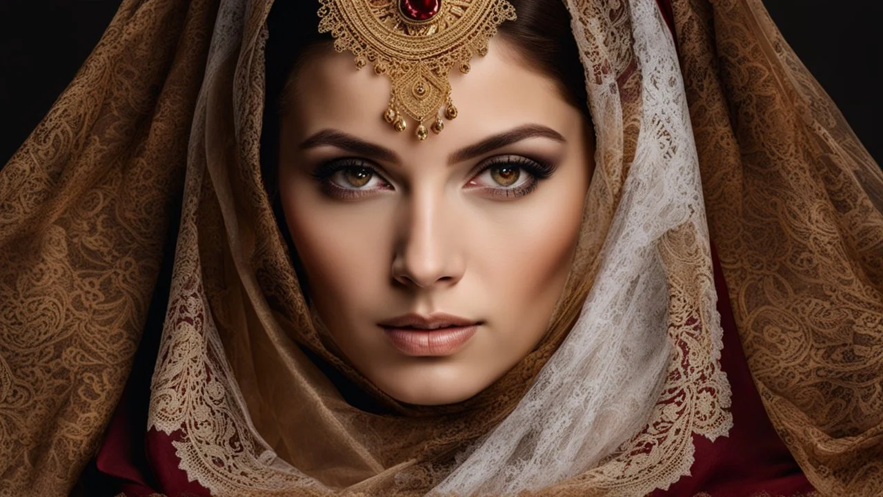 A woman with striking golden-brown eyes, which are partially concealed by a dark red headscarf. Her shyly looking into the camera. The combination of her lace headscarf, beautiful eyes and the fine lace of her veil creates an intriguing and visually appealing scene, highly detailed, high contrast, perfect lights, masterpiece