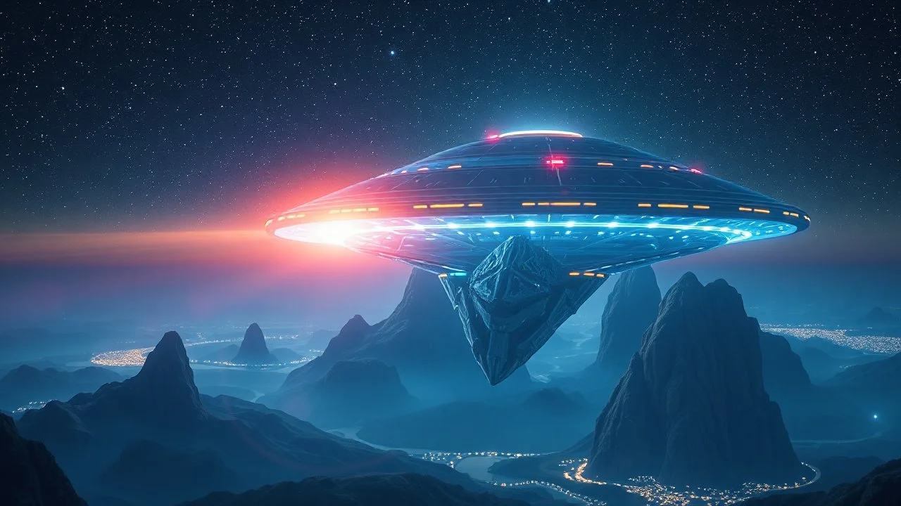 Ethereal holographic self iluminated hyper futuristic flat mothership over Es Vedra in a starry night