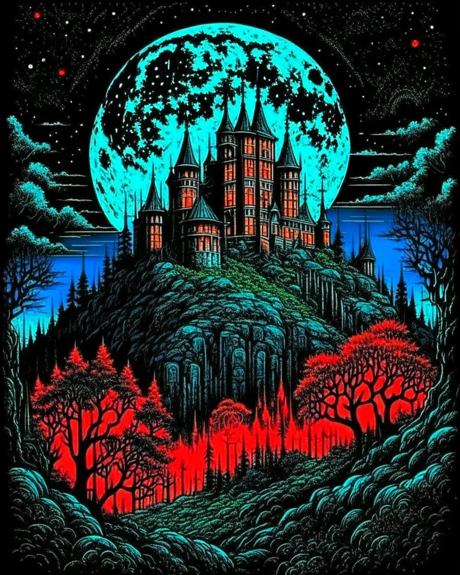 Moon, black night, shadowy old castle, dark forest in the background,HDR,UHD,8K, best quality, masterpiece, Highly detailed, ultra-fine painting, Urban Pulse::2 Street Art, deconstructionism, typographic expression, vibrant colors, urban surrealism, synthwave:: t-shirt vector, center composition graphic design, plain background::2 mockup::-2 --upbeta --ar 1:1