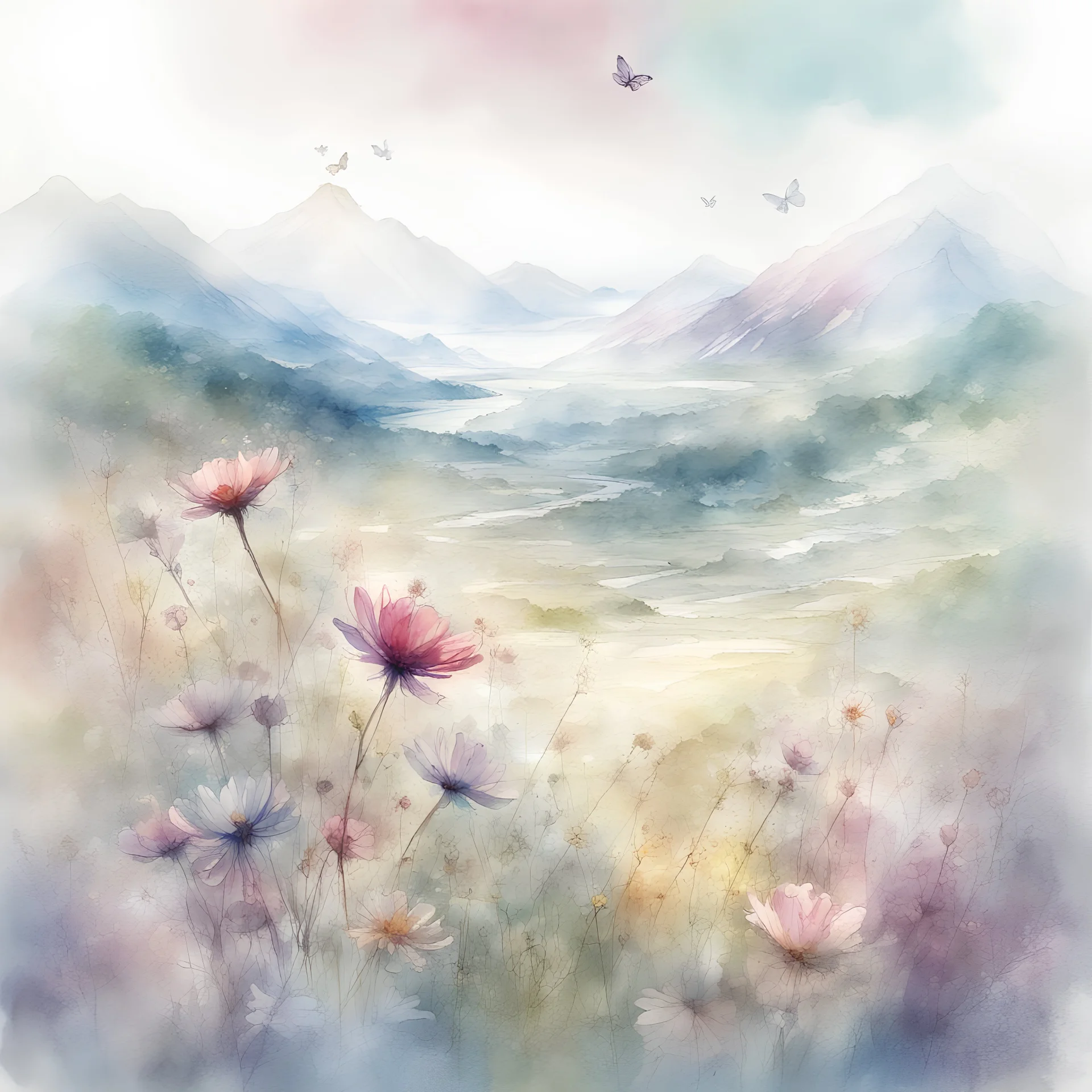 Digital watercolor Illustration of a beautiful flower meadow fantasy landscape, mountain river wildflowers butterflies in the morning light, by JB, Waterhouse :: Carne Griffiths, Minjae Lee, Ana Paula Hoppe, :: :: Stylized Splash watercolor art :: Intricate :: Complex contrast :: HDR :: Sharp :: soft :: Cinematic Volumetric lighting :: flowery pastel colours :: wide long shot