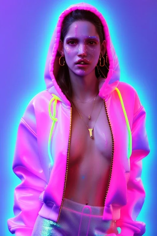 Ultra Realistic image, Rosalía artist, portrait, waist up portrait, long black eye line, sweet face, inflatable hoodie, gold pink and blue style, spray glow make up, led lights, neon, led piercing nose, led ornament, fog, bubble latex coat, vibrant color, highly detailed, art stations, concept art, smooth, unreal engine 5, god rays, ray tracing, RTX, lumen lighting, ultra detail, volumetric lighting, 3d, finely drawn, high definition, high resolution.