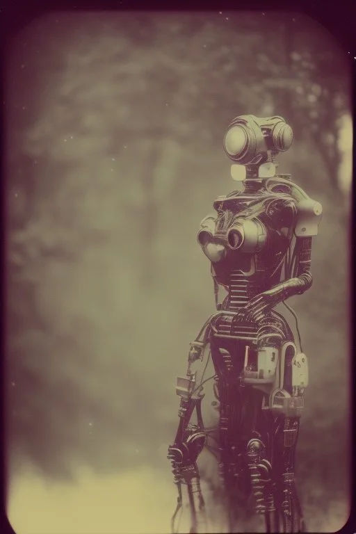 steampunk, vintage analog polaroid of a woman robot, female body, fog, lomography, heavy film grain, rain, color bleed, depth of field, bokeh, retro