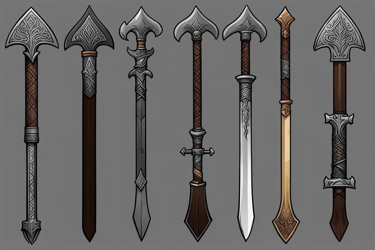 Here's some more culturally-flavored axe designs for Ancardian homebrew shenanigans! While there are fantasy-stylings for each type associated with each culture, these are all meant to be practical and functional axes, with most of them being strongly influenced by one-handed and big battleaxes that existed in historical cultures. Quite a few of these are not strictly axes, but would effectively use the stats for a one or two-handed axe in 5e rules. I'm especially a fan of that Gnollish Axe-Club