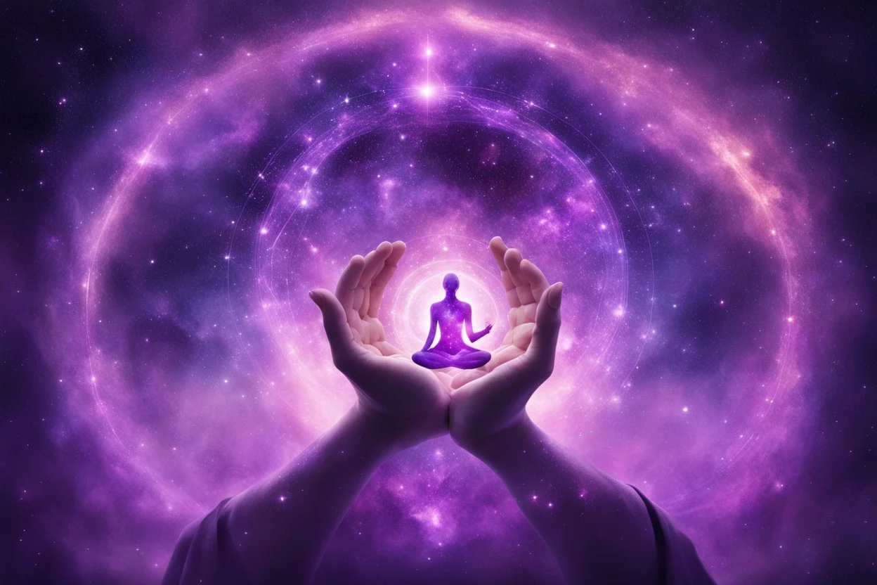 kundalini, connected to the universe, purple galaxy, soul holding few universes in hands