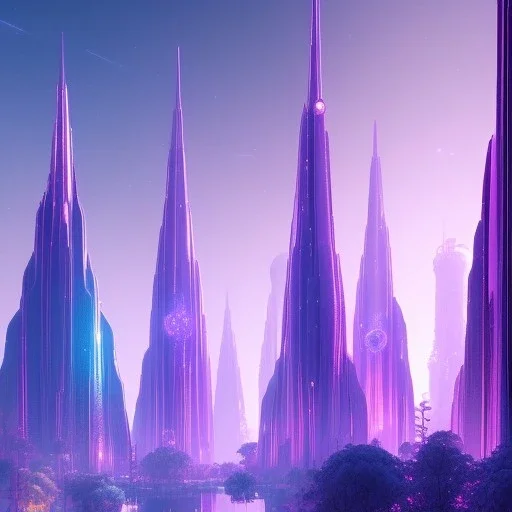 A very beautiful futuristic city, elegant, crystal edifices, atmospheric, realistic, cinematic lighting, pink blue light, 8k, galactic atmosphere, flowers