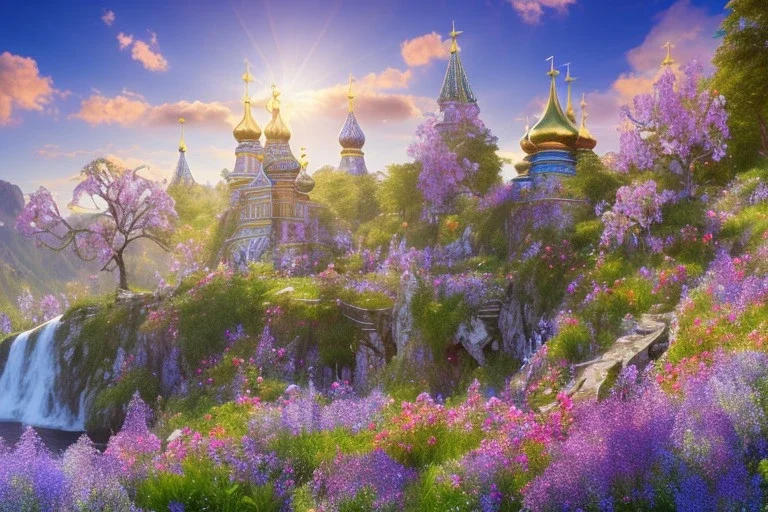 on the moutain,gold colorfull crystal russian PALACE on the mountain, sun,swanns,waterfall, BLUE LAKE, SWANNs,fuksia bugainvillier flowers, jacaranda violet trees, sky pink blue, full of details, smooth, bright sunshine，soft light atmosphere, light effect，vaporwave colorful, concept art, smooth, extremely sharp detail, finely tuned detail, ultra high definition, 8 k, unreal engine 5, ultra sharp focus